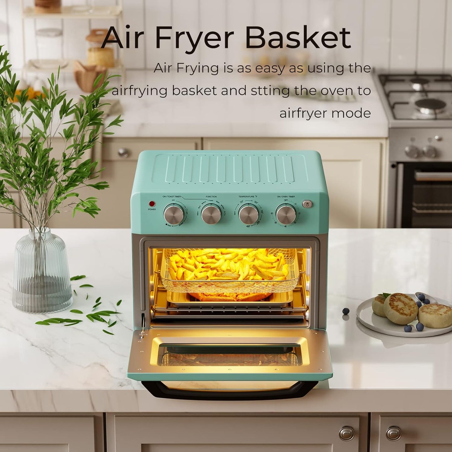 Retro Toaster Oven -  Air Fryer Oven & Toasters 19QT, Large 7 in 1 Convection Oven Combo for Family Use, 360° Even & Healthy Cooking, 5 Accessories & Recipe Book (Turquoise)