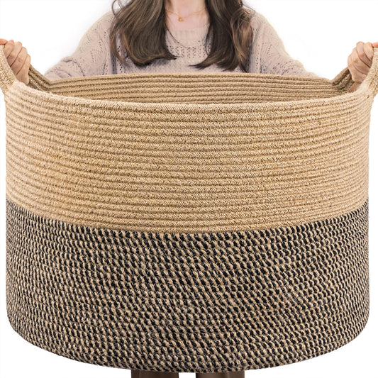 Extra Large Woven Baskets for Storage, 21.7 X 13.8 Blanket Basket Wicker Laundry Basket for Organizing Toy Pillow Shoe for Entryway &Living Room , Black Jute