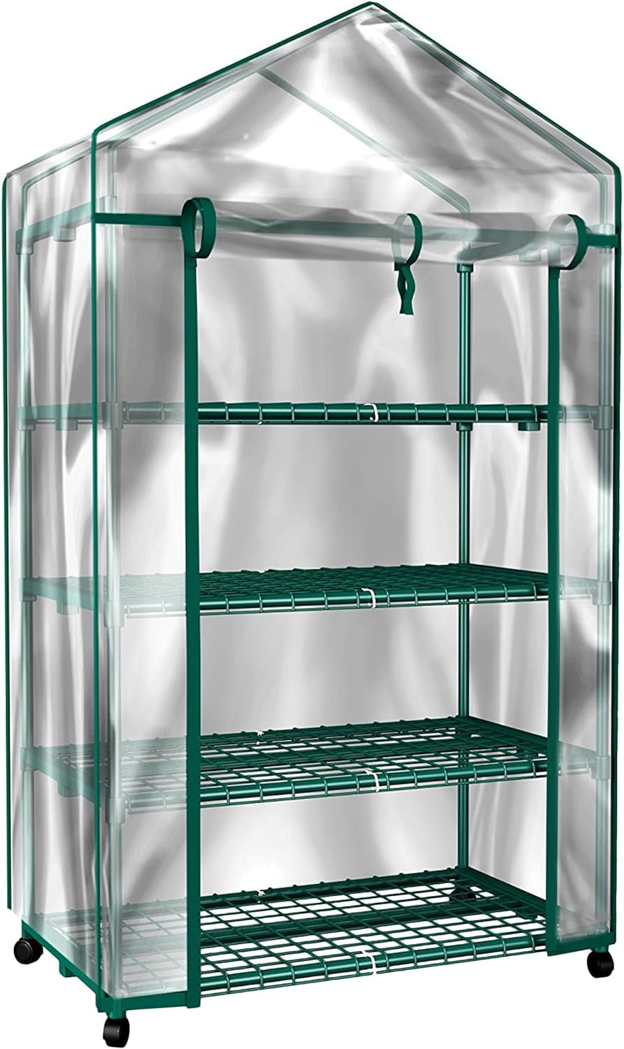 4 Tier Mini Greenhouse - Portable Greenhouse with Locking Wheels and PVC Cover for Indoor or Outdoor - 27 X 19 X 63-Inch Green House by - Design By Technique