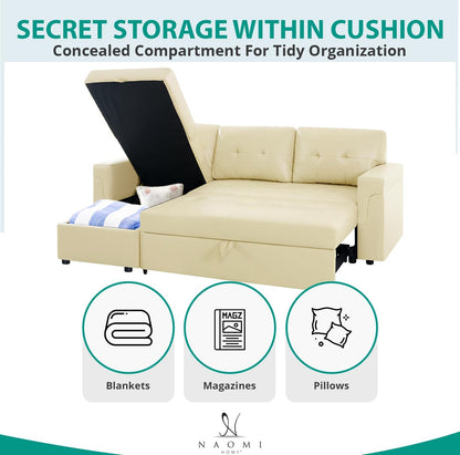 Transform Any Space: Sleeper Sectional Sofa with Convertible Sofa Bed & Inviting Chaise. Find Tranquil Comfort with Stress-Relieving Design & Durable Cushions - Cream/Air Leather