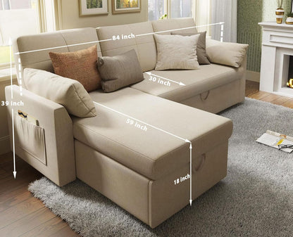 Sleeper Sofa, Sofa Bed- 2 in 1 Pull Out Couch Bed with Storage Chaise for Living Room, Beige Chenille Couch