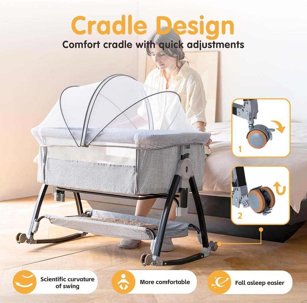 Bedside Crib, 3 in 1 Bassinet with Quick Height Adjustment and Mosquito Nets, Easy to Fold,Baby Cradle, Portable beside Bassinet with Golden Triangle Structure, CPSC Certification,Baby Valances - Design By Technique