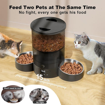 Automatic Cat Feeder for 2 Cats, 3L Cat Food Dispenser  Auto Cat Feeder with 2 Stainless Bowls, 10S Meal Call Dual Power Supply and Timer Setting 12 Portions 6 Meals per Day for Cats and Dogs