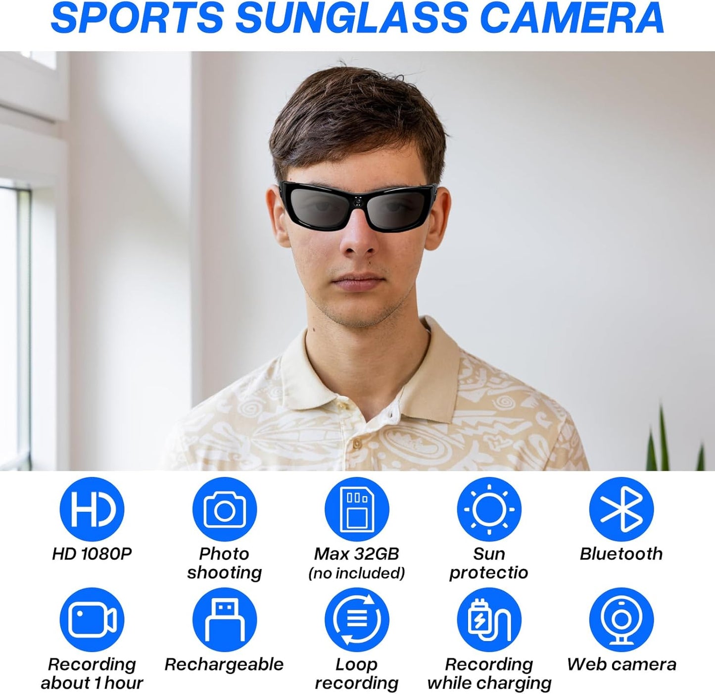 Camera Glasses HD 1080P Sports Sunglasses Camera Video Glasses Support Take Videos/Photos for Indoor/Outdoor Activities