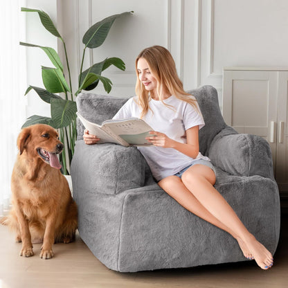 Giant Bean Bag Chair, Faux Fur Stuffed Bean Bag Couch with Filler Large Living Room Bean Bag Chair for Adults, Big Lazy Sofa Accent Chair with Pocket Floor Chair for Gaming, Reading, Grey