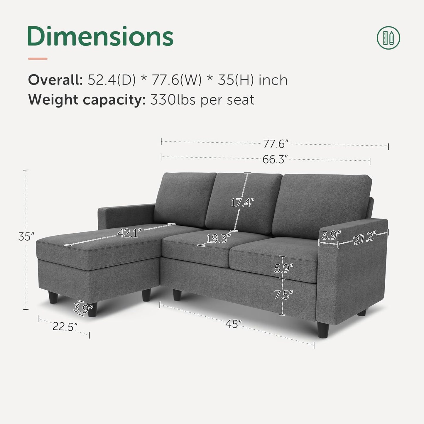 Convertible Sectional Sofa, Convertible L Shaped Couch with Reversible Chaise, Sectional Couch for Small Space Apartment, Grey