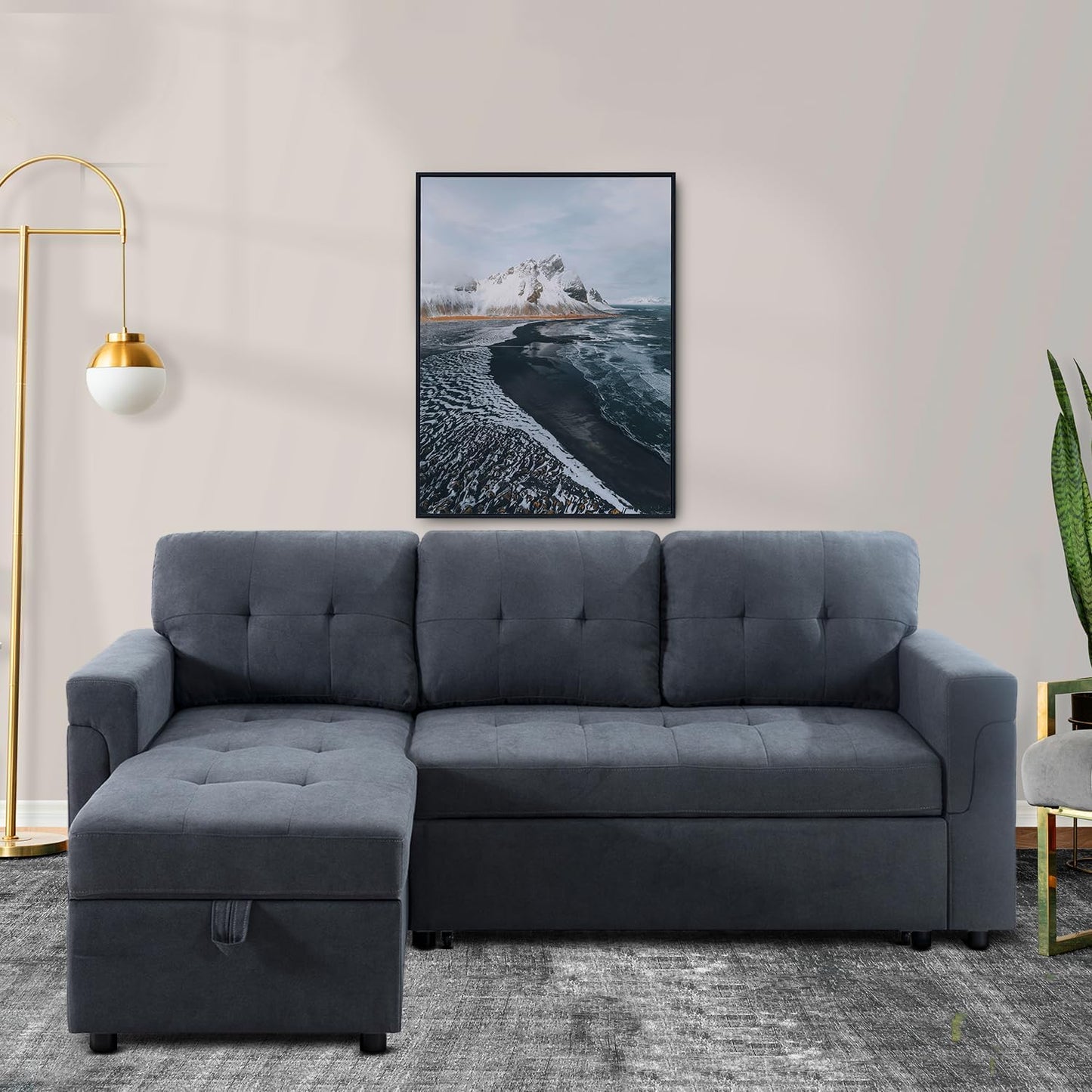 Transform Any Space: Sleeper Sectional Sofa with Convertible Sofa Bed & Inviting Chaise. Find Tranquil Comfort with Stress-Relieving Design & Durable Cushions - Dark Gray/Velvet