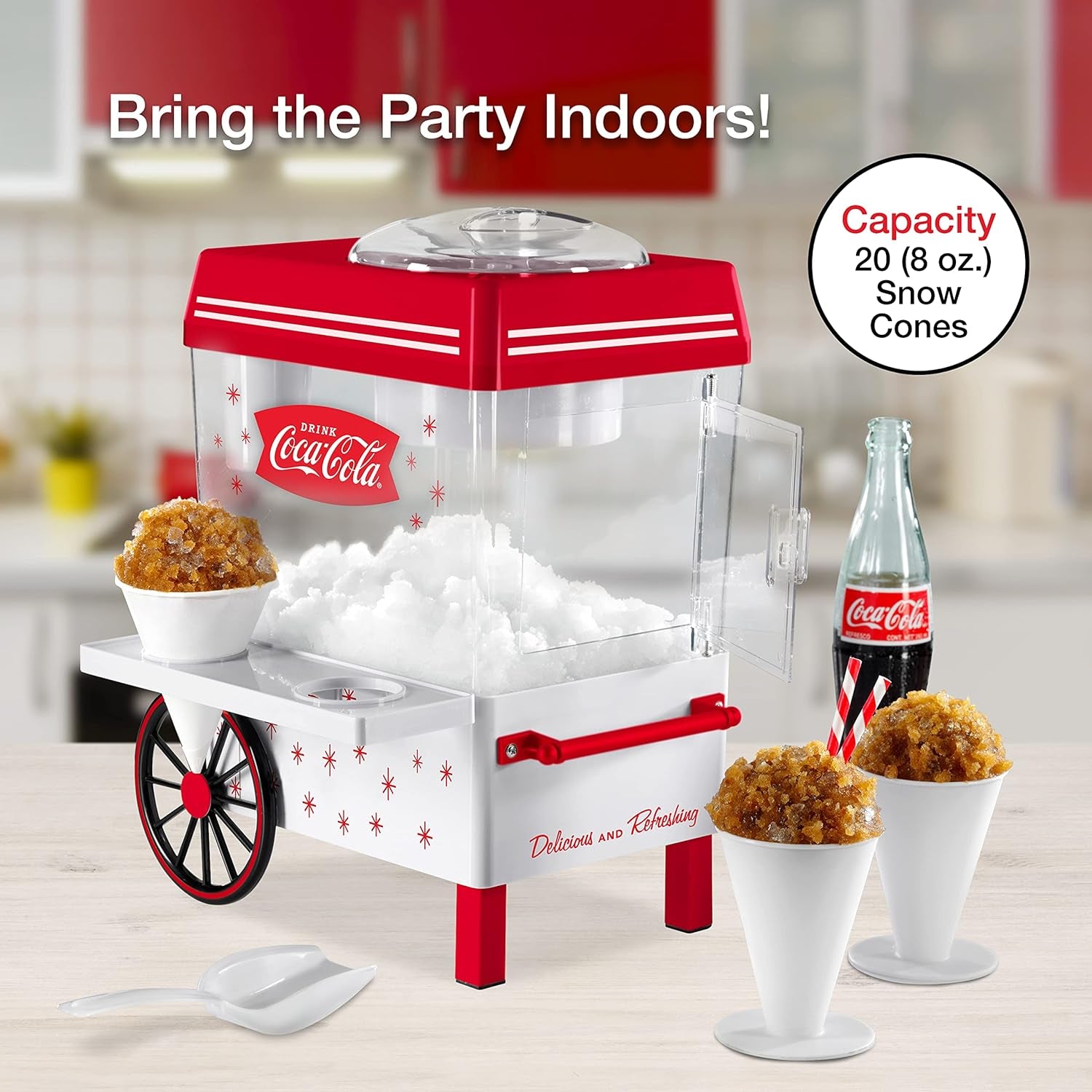 Coca-Cola Snow Cone Shaved Ice Machine - Coke Retro Table-Top Slushie Machine Makes 20 Icy Treats - Includes 2 Reusable Plastic Cups & Ice Scoop - White & Red