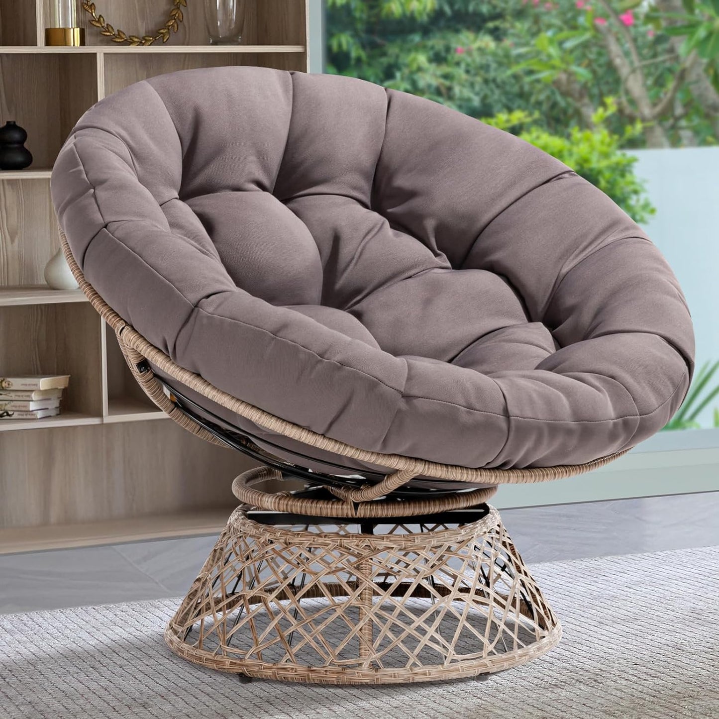 Ergonomic Wicker Papasan Chair with Soft Thick Density Fabric Cushion, High Capacity Steel Frame, 360 Degree Swivel for Living, Bedroom, Reading Room, Lounge, Smoky Quartz - Brown Base