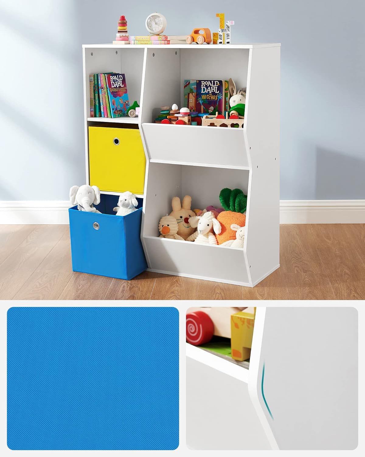 3 Shelves Toy Storage Organizer, with Compartments, Shelves and Fabric Bins, for Kids Room, Playroom, White