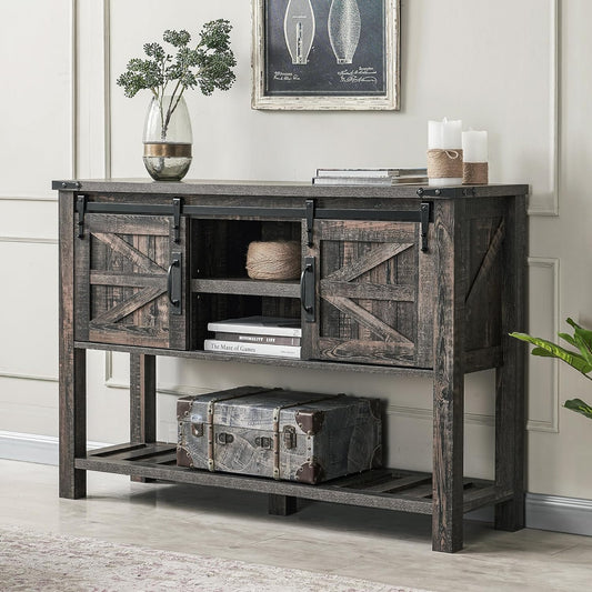 Entryway Table with Sliding Barn Doors, 46" Farmhouse Console Table with Storage Shelf, Rustic Sofa Table behind Couch, Entry Table for Hallway, Entry Way, Living Room, Foyer, Dark Rustic Oak