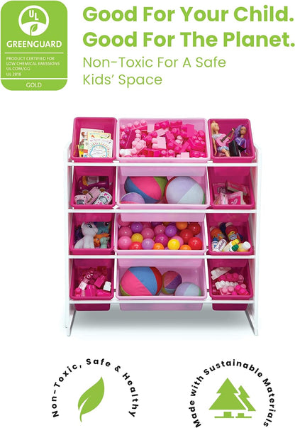 Kids Toy Storage Organizer with 12 Plastic Bins - Greenguard Gold Certified, White/Pink