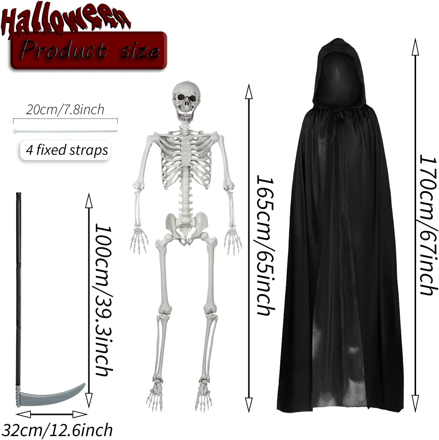 5.4Ft/165Cm Halloween Skeleton,Poseable Life Size Skeleton with Black Cloak & Death Scythe,Full Body Human Bones for Halloween Patio Lawn Yard Garden Party Decoration