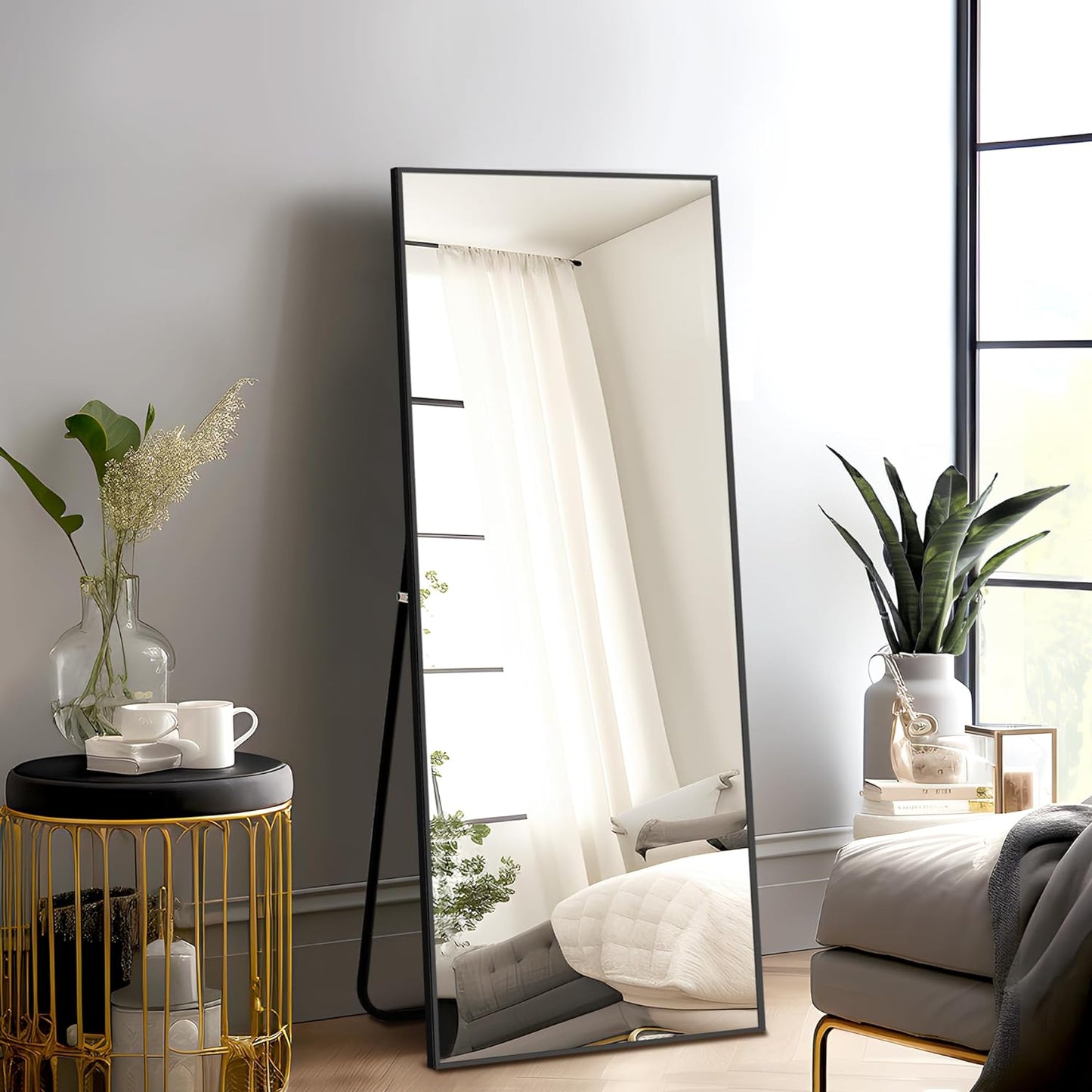 Full Length Mirror with Stand, 56"X19" Aluminum Alloy Frame Floor Mirror, Black, Shatter-Proof Glass - Free Standing, Leaning against Wall or Wall-Mounted, for Bedroom Living Room Dressing Room