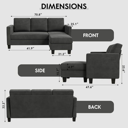 Convertible Sectional 3 L-Shaped Couch Soft Seat with Modern Linen Fabric, Space-Saving Sofas for Living Room, Apartment and Office, 70'', Dark Gray