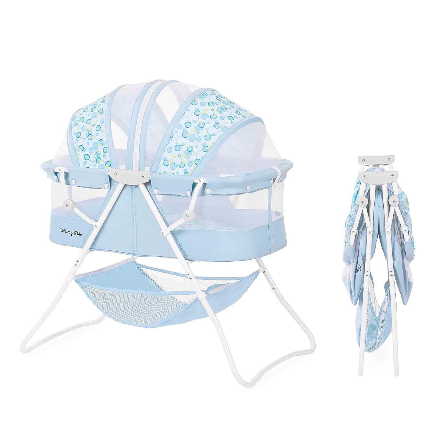 Karley Bassinet in Light Blue, Lightweight Portable Baby Bassinet, Quick Fold and Easy to Carry, Adjustable Double Canopy, Indoor and Outdoor Bassinet with Large Storage Basket. - Design By Technique