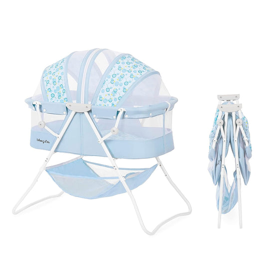 Karley Bassinet in Light Blue, Lightweight Portable Baby Bassinet, Quick Fold and Easy to Carry, Adjustable Double Canopy, Indoor and Outdoor Bassinet with Large Storage Basket. - Design By Technique