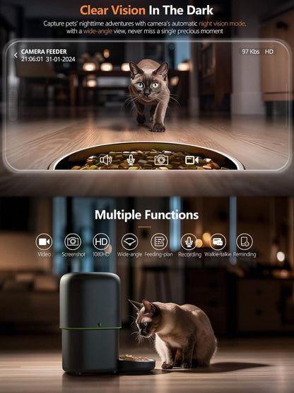 Automatic Cat Feeders with Camera - 5G Wifi App Control 1080 HD Video with Night Vision, 2-Way Audio 2L/4L Cat Food Dispenser Easy to Use and Clean, Timed Pet Feeder Also for Dogs