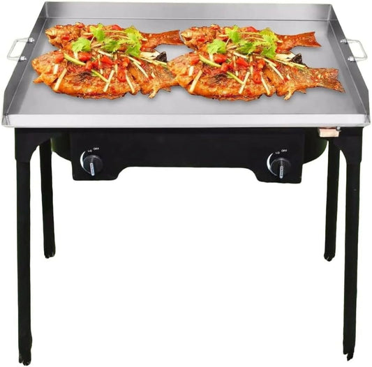 Flat Top Food Grade Stainless 32” Griddle + Double High-Pressure Propane Fueled Grill + Free Stand