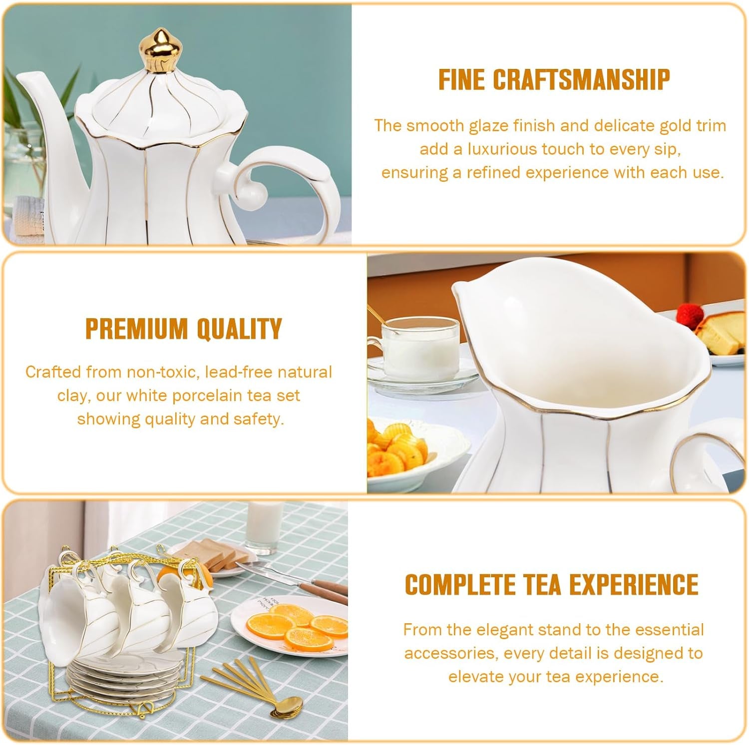 Porcelain Tea Set, 22 PCS Tea Serving Set, White Tea Sets for Adults, Afternoon Tea Set for 6 with Golden Trim, Teapot, Cups, Saucers, Sugar Bowl, Creamer, Spoons - Tea Set with Stand