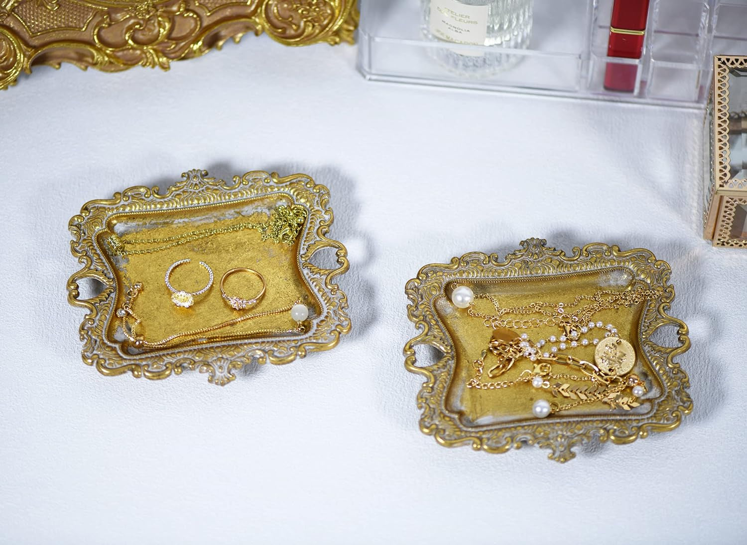 Small Antique Trinket Dish Vintage Jewelry Tray, Ring Holder (Gold-2Pack)