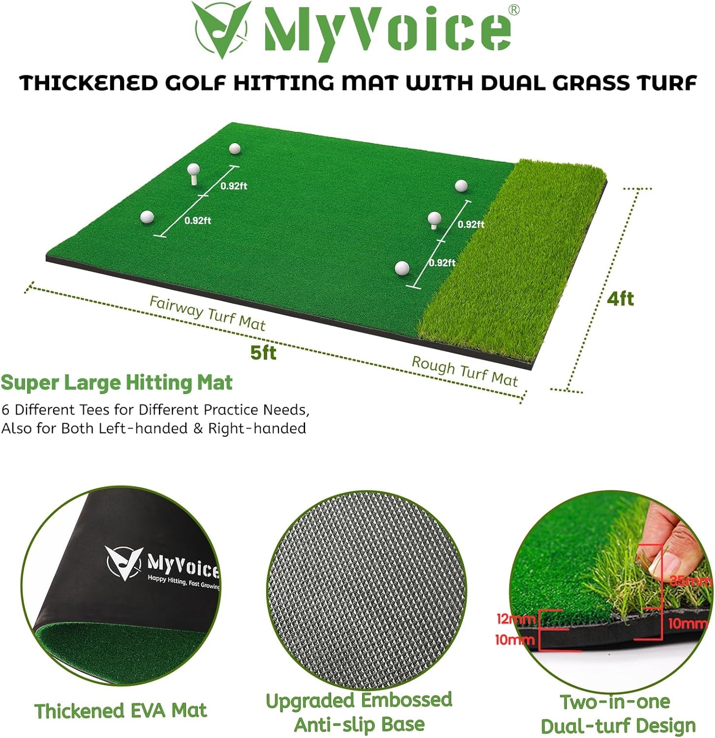 Pro Thickened Golf Mat Set - 5X4Ft | Premium Indoor/Outdoor Training for Precision Golf Shots | Multiple Turf Options | High-Elastic, Non-Slip Base | Perfect Golf Gift | Hitting Practice