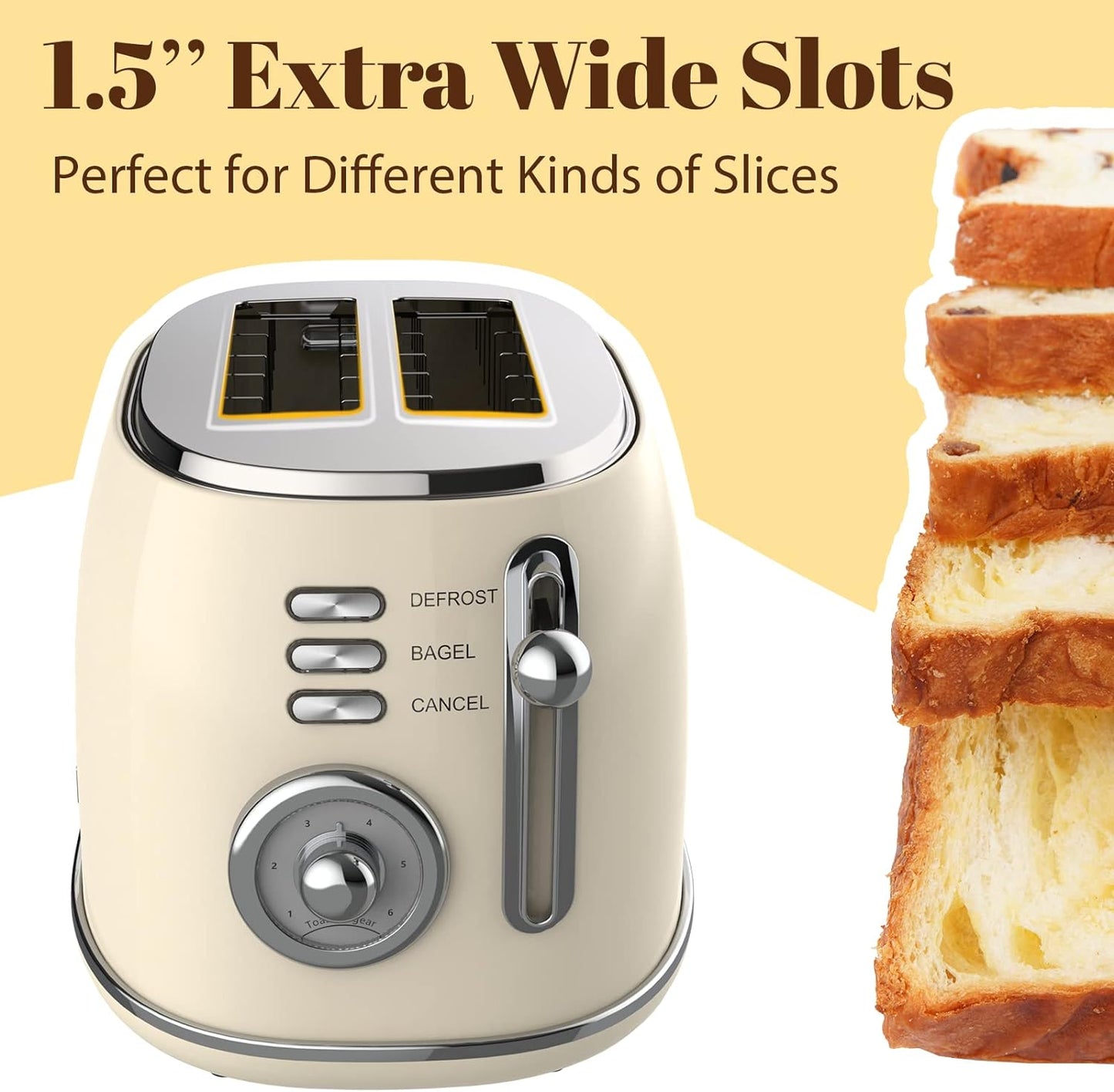 Retro 2 Slice Stainless Steel Toaster with Removable Crumb Tray, 6 Bread Shade Settings, Bagel, Defrost and Cancel Options (White)