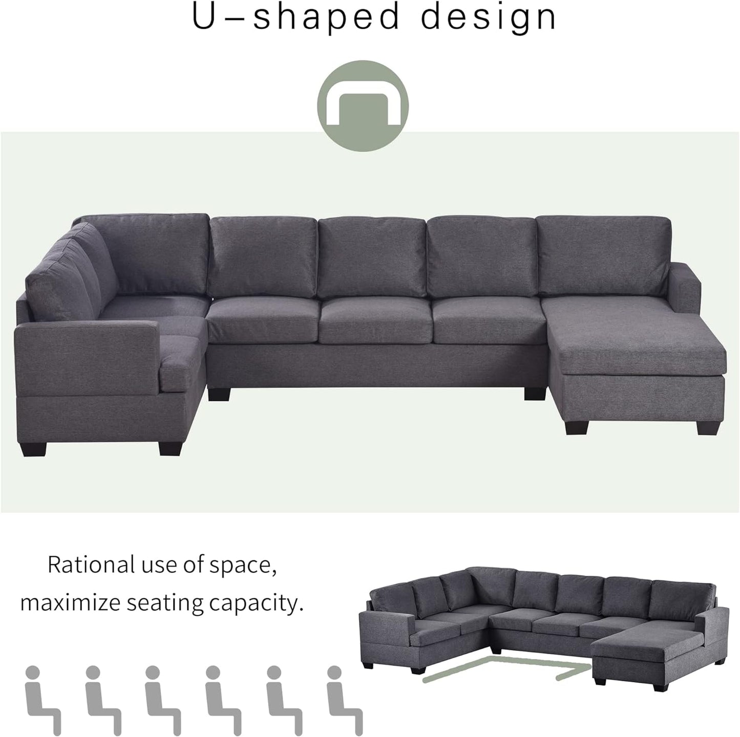 Living Room Oversized Modular Sofa, Modern Fabric Upholstered U Shape Extra Wide Chaise Lounge,Large Sectional Couch for Office, Spacious Space, Grey-B