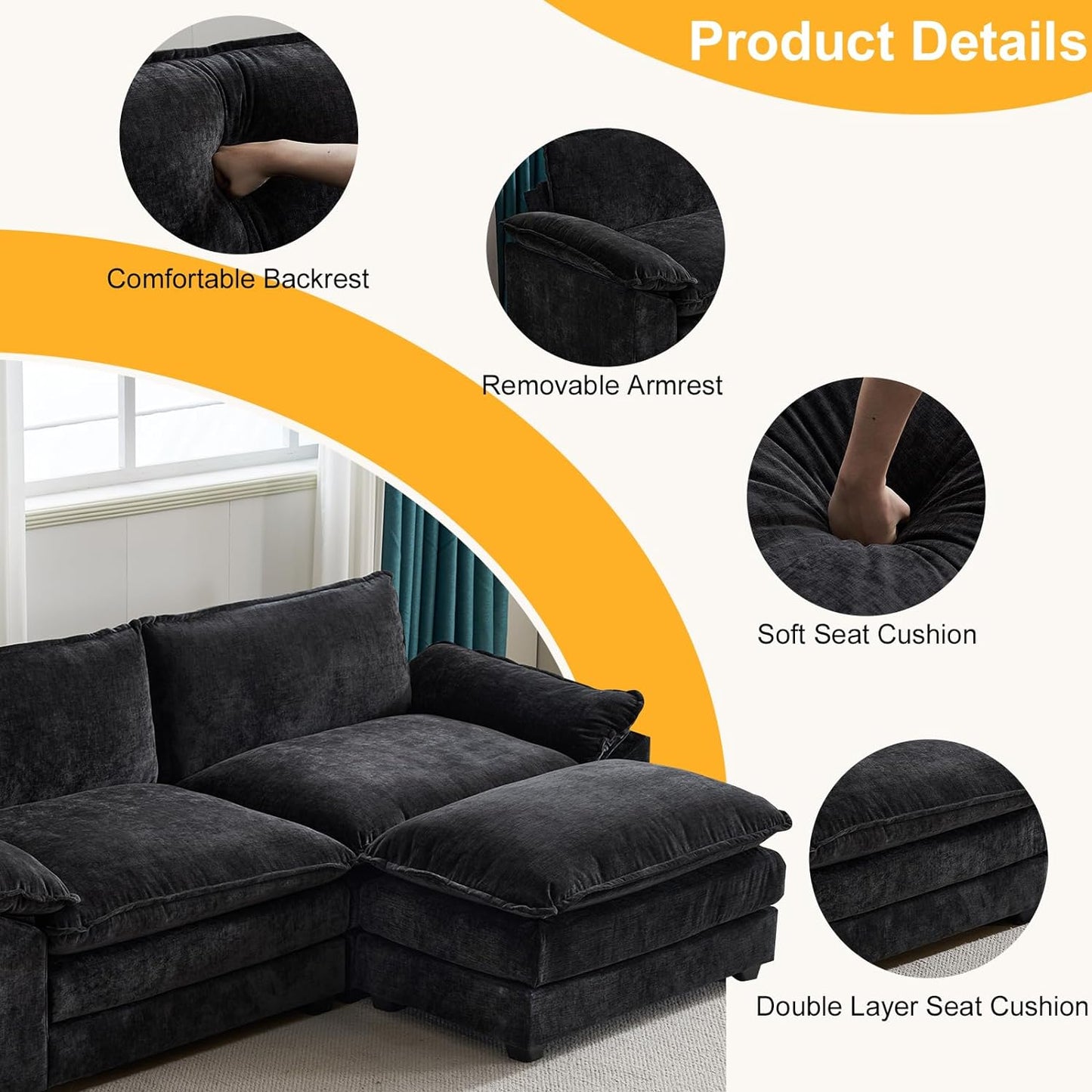 85.4" Convertible Sectional Sofa,L-Shape Deep Seat Sofa Couch for Living Room,Modern Chenille 2 Seat Loveseat Sofa with Ottoman for Small Space(Black, 85.4")