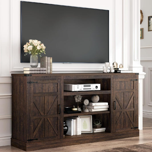 66" Farmhouse TV Stand with Power Outlets for 75 65 Inch Tvs, 33" Tall Entertainment Center with Storage Cabinets W/Adjustable Shelves, Rustic Large TV Media Console for Living Room, Brown