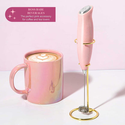 Electric Handheld Milk Frother with Double Coil Head Whisk and Gold Metal Stand, Battery Powered (2 AA Batteries Required but Not Included), Pink Sparkle Finish