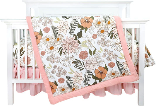 Flower 4-Piece Crib Bedding Set, Baby Girl Bedding Crib Set, Daisy Crib Skirt, Baby Quilt, Crib Sheet and Diaper Stacker