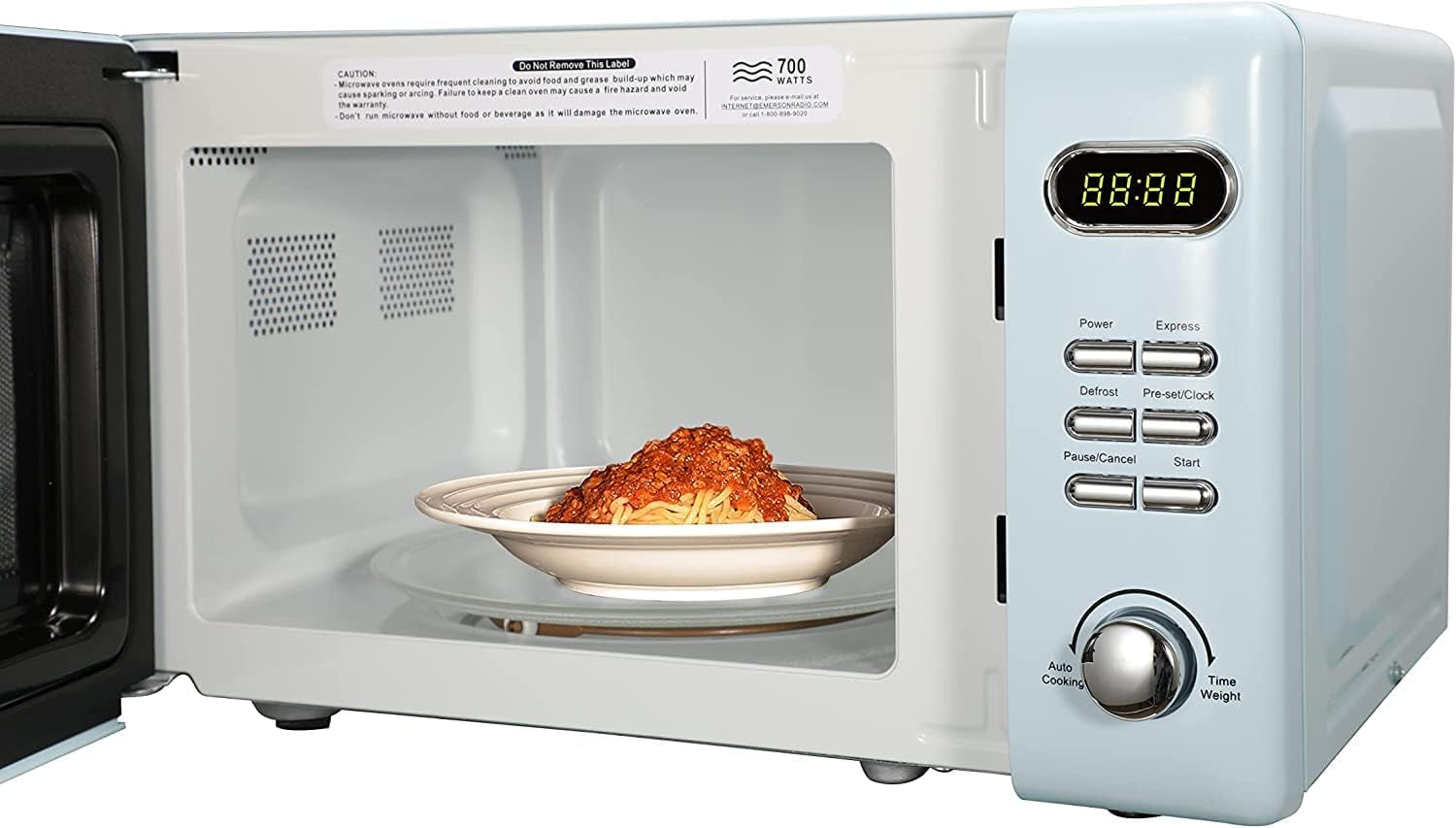 MWR7020BL Retro Compact Countertop Microwave Oven with Button Control, LED Display, 700W 5 Power Levels, 8 Auto Menus, Glass Turntable and Child Safe Lock, 0.7, Thunderbird Blue