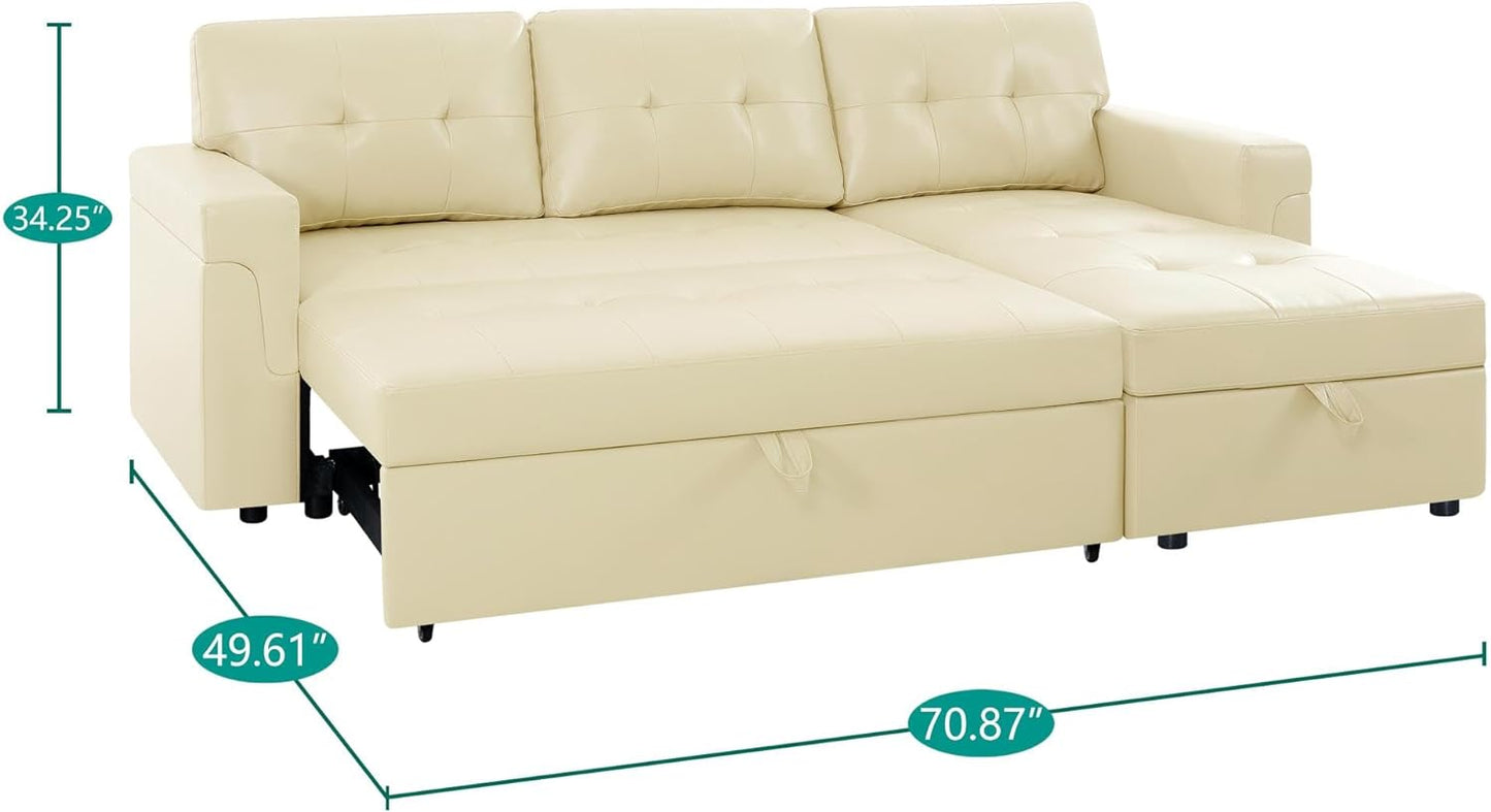 Transform Any Space: Sleeper Sectional Sofa with Convertible Sofa Bed & Inviting Chaise. Find Tranquil Comfort with Stress-Relieving Design & Durable Cushions - Cream/Air Leather