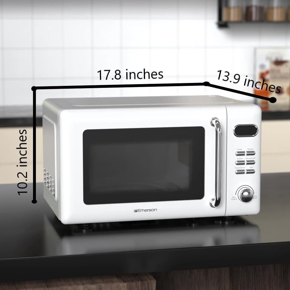 MWR7020W Compact Countertop Microwave Oven with Button Control, LED Display, 700W 5 Power Levels, 8 Auto Menus, Glass Turntable and Child Safe Lock, 0.7, Retro White