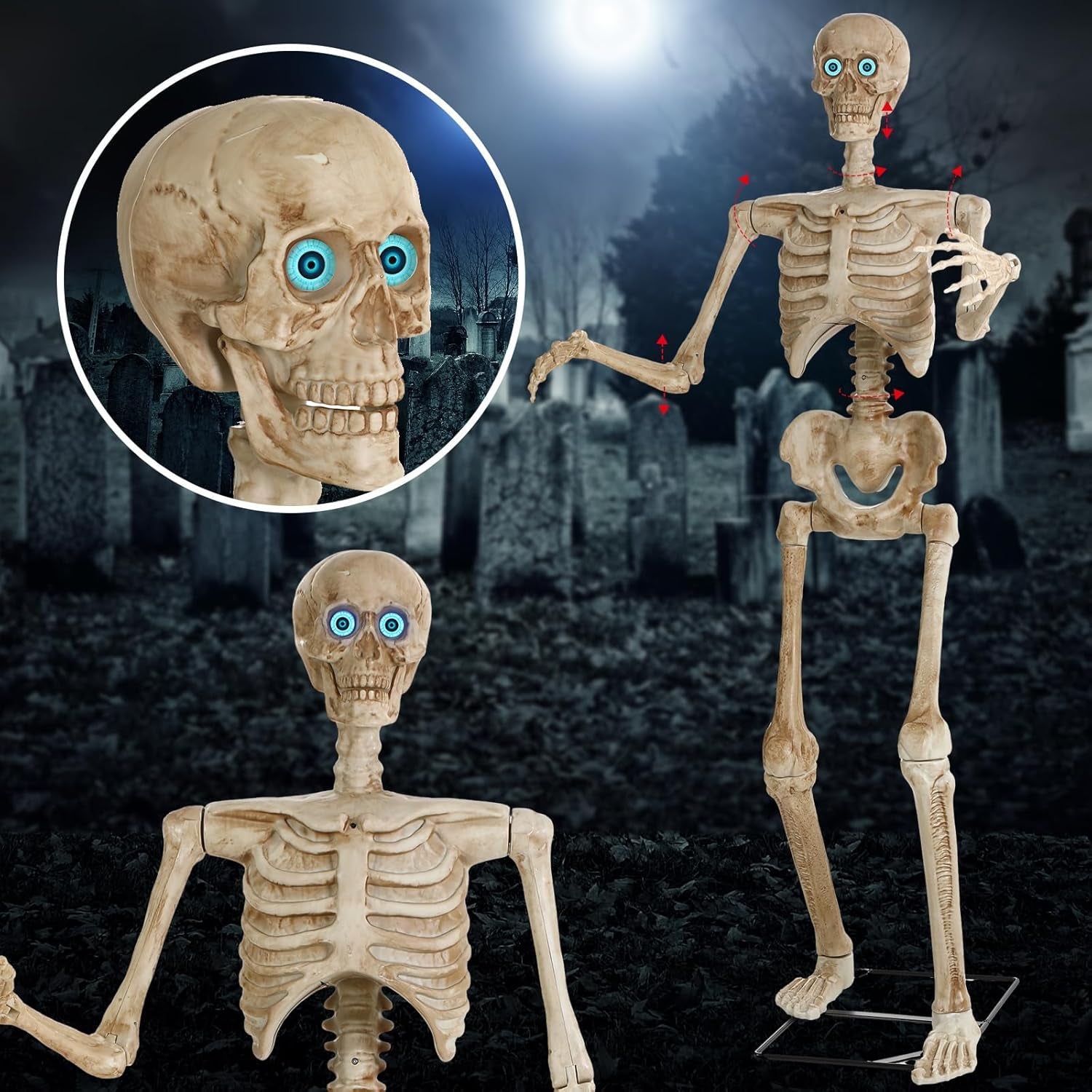 5.3 Ft Halloween Skeleton Decoration Skeleton Grim Animatronic Talking with Creepy Sound Effect, Full Body Posable Human Bones, LED Realistic Glowing Movable Eyeball, for Halloween Party Yard