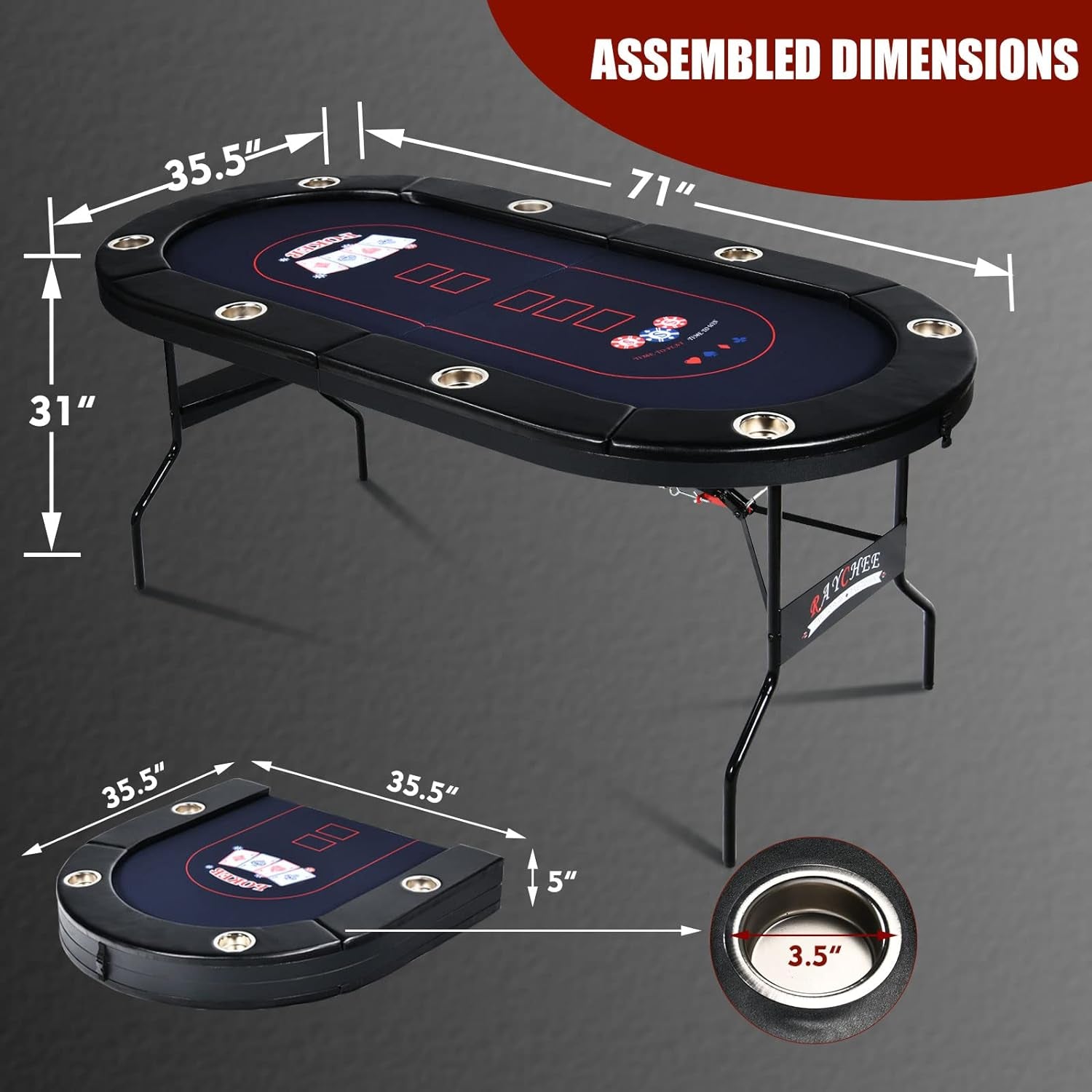 8 Player Foldable Poker Table, Texas Holdem Table, Folding Leisure Game Table, Portable Casino Table for Game Room with Padded Rails and Cup Holders (Black, 71 Inch)