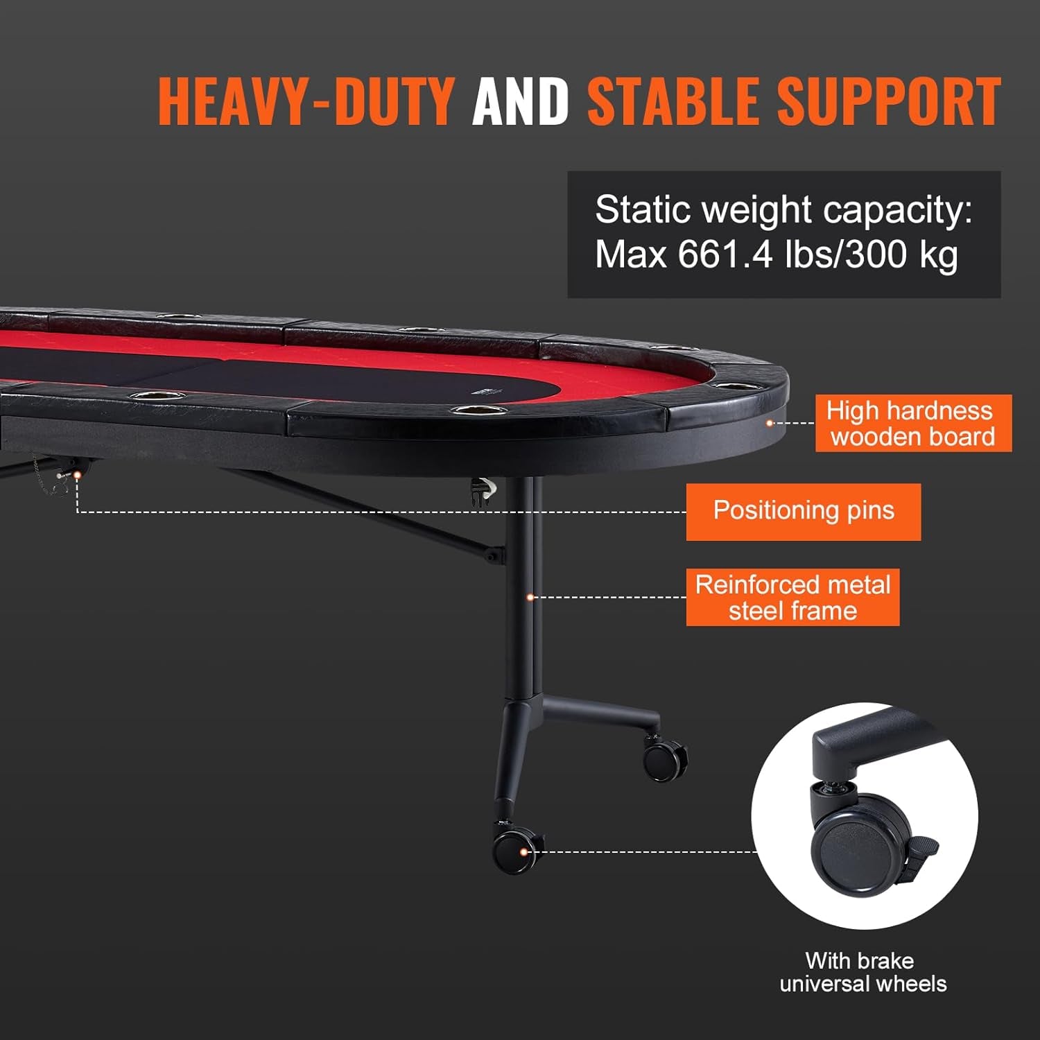 Foldable Poker Table for 10 Player, Blackjack Texas Holdem Table with Padded Rails and Stainless Steel Cup Holders, Portable Folding Card Board Game Table, 90" Oval Casino Leisure Table, Red
