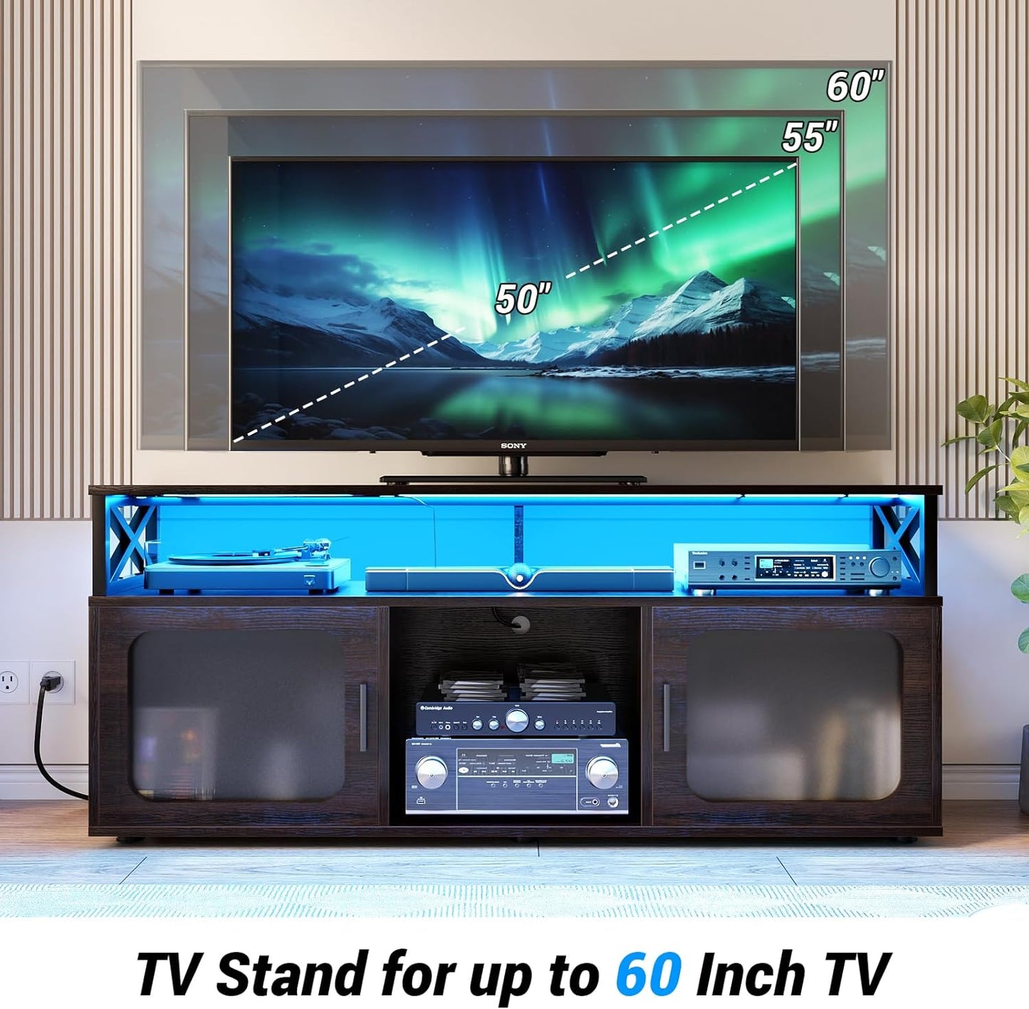 TV Stand for 55 60 Inch TV, Entertainment Center with LED Light and Charging Station, TV Console Table, Large Media Console Cabinet W/Soundbar Shelf, for Living Room, Bedroom, Espresso