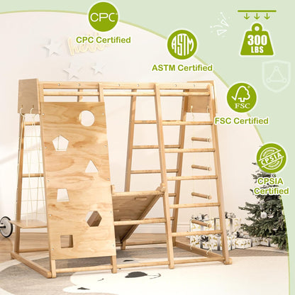 8-In-1 Indoor Jungle Gym for Toddlers with Slide, Climbing Toys for Toddlers 2-6 Yrs, Montessori Indoor Playground, Swing and Climbing Rock, Wooden Climber Playset for Kids