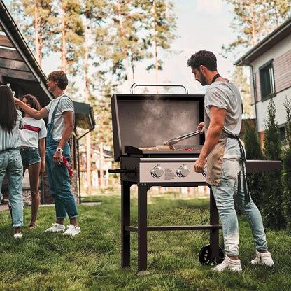 3-Burner 28" Grill Cooking Station,Flat Top Heavy Duty Grill Griddle Station with Gas Hood & Side Shelves for Propane, Barbecue, Kitchen, Outdoor