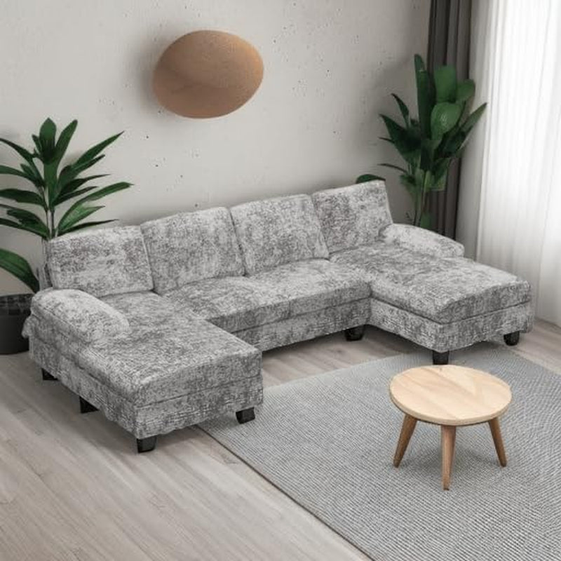 Convertible Sectional Sofa Couch, 4 Seat Sofa Set for Living Room U-Shaped Modern Fabric Modular Sofa Sleeper with Double Chaise & Memory Foam (Grey)