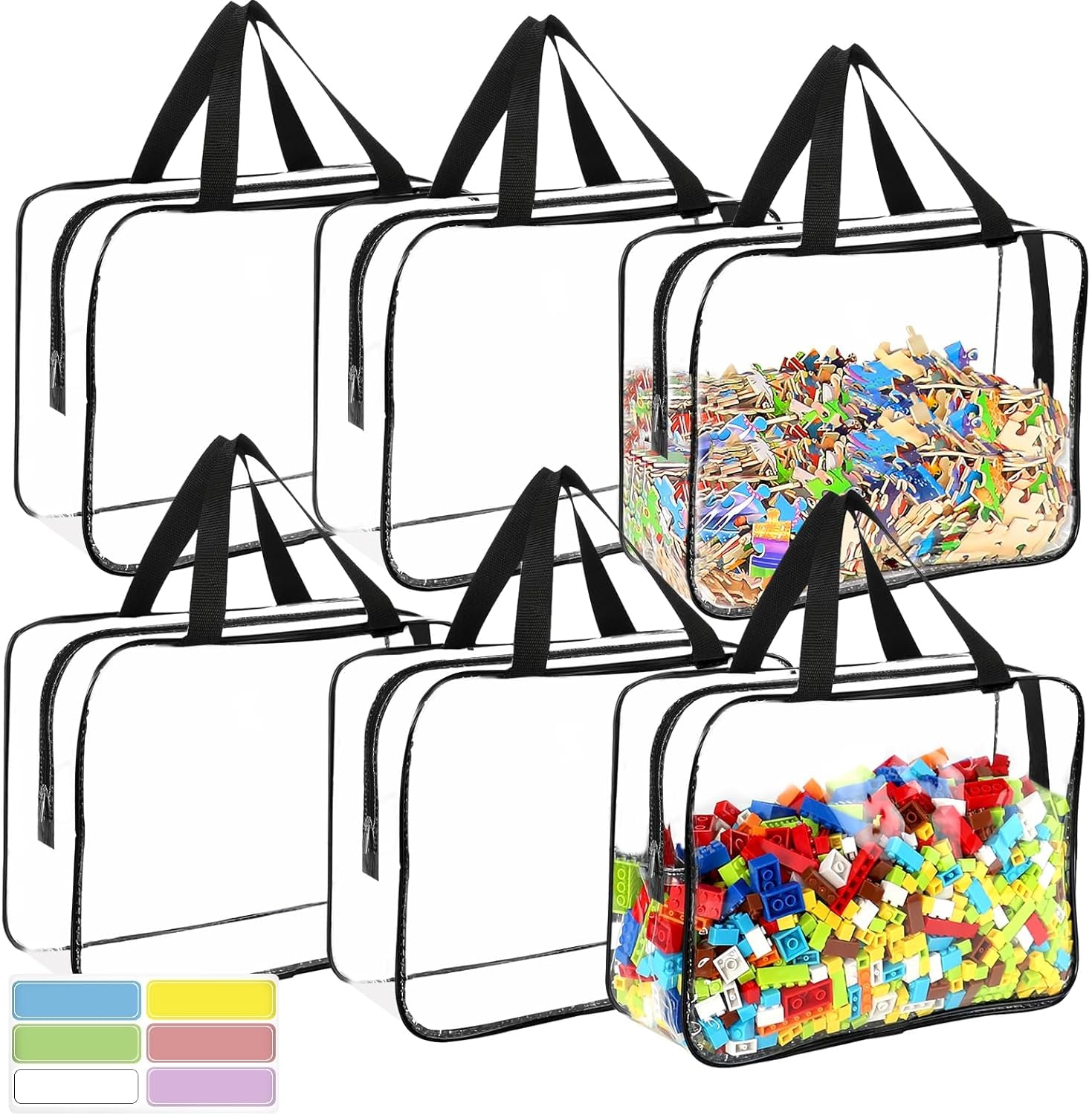 6 Packs Large Toy Storage Bags with Labels, Reusable Clear PVC Board Game Storage, Travel Waterproof Organizer Bags with Zipper for Building Blocks, Puzzle, Kids Books