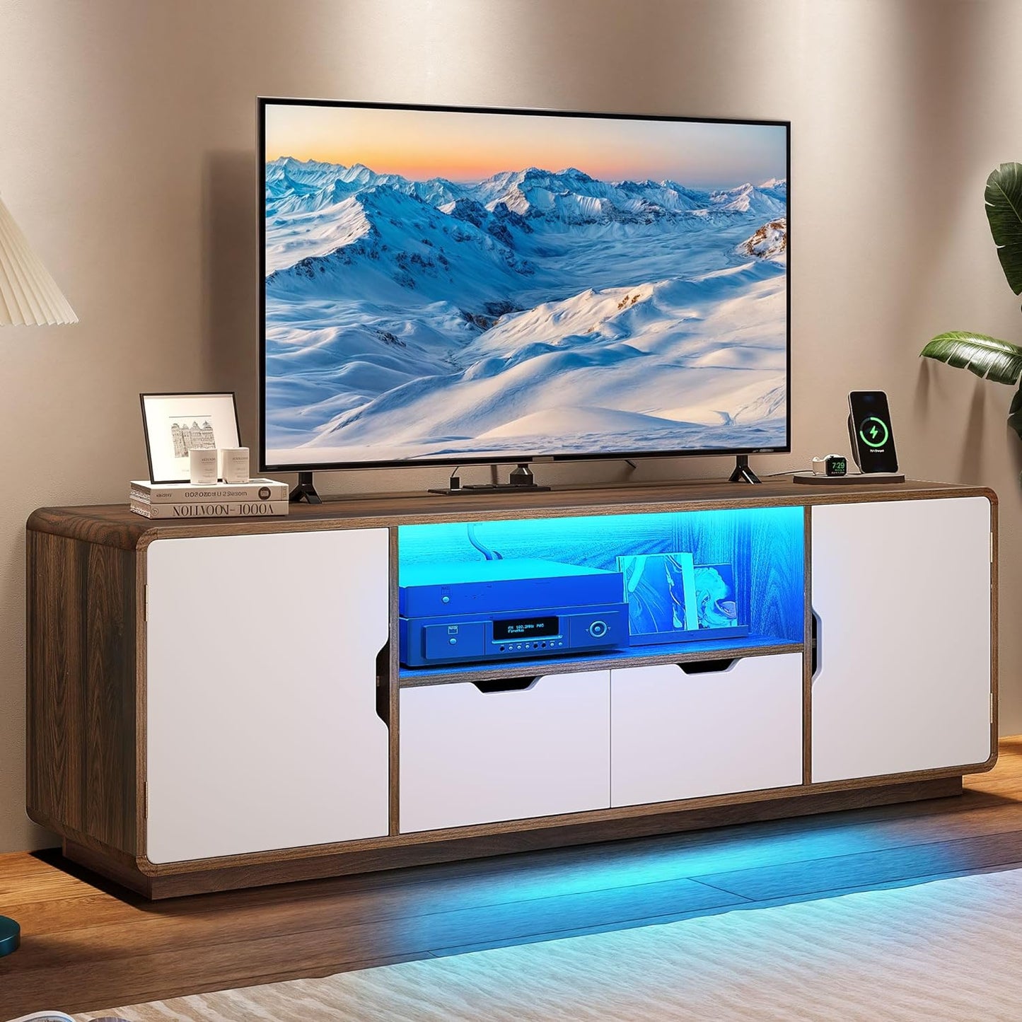 LED TV Stand with Power Outlets, Walnut TV Stand Mid Century Entertainment Center for up to 65 Inches TV, Media Console Table Modern TV Cabinet with Large Drawer for Living Room, Walnut