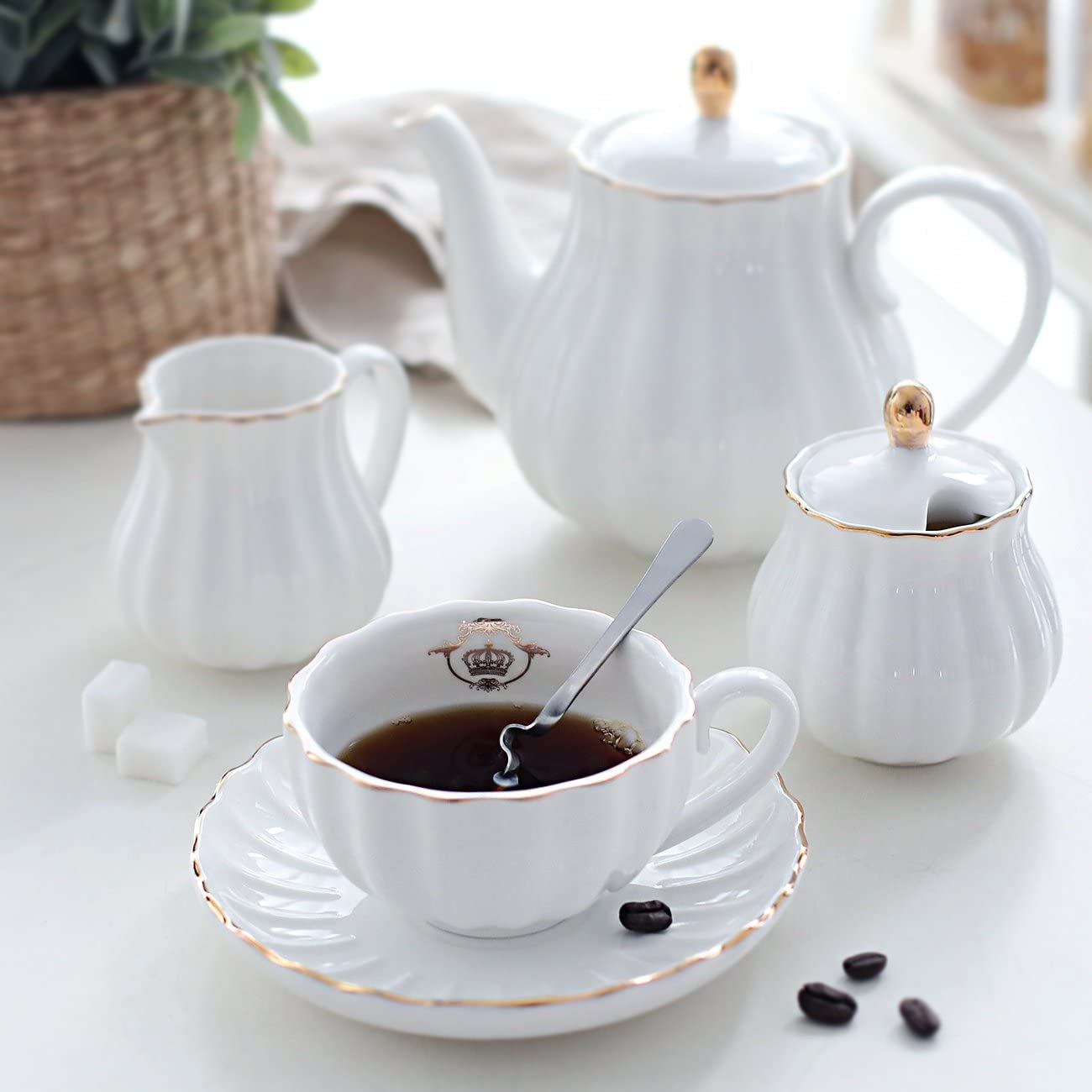 Porcelain Tea Sets British Royal Series, 8 OZ Cups& Saucer Service for 6, with Teapot Sugar Bowl Cream Pitcher Teaspoons and Tea Strainer for Tea/Coffee, Pukka Home (Pure White)