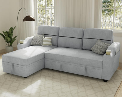 Sectional Sofa Couch, 82" Sleeper Sofa Bed with Reversible Storage Chaise Pull Out Couch for Living Room | Side Pocket | Cup Holders | Removable Backrest | Linen Fabric, Light Grey