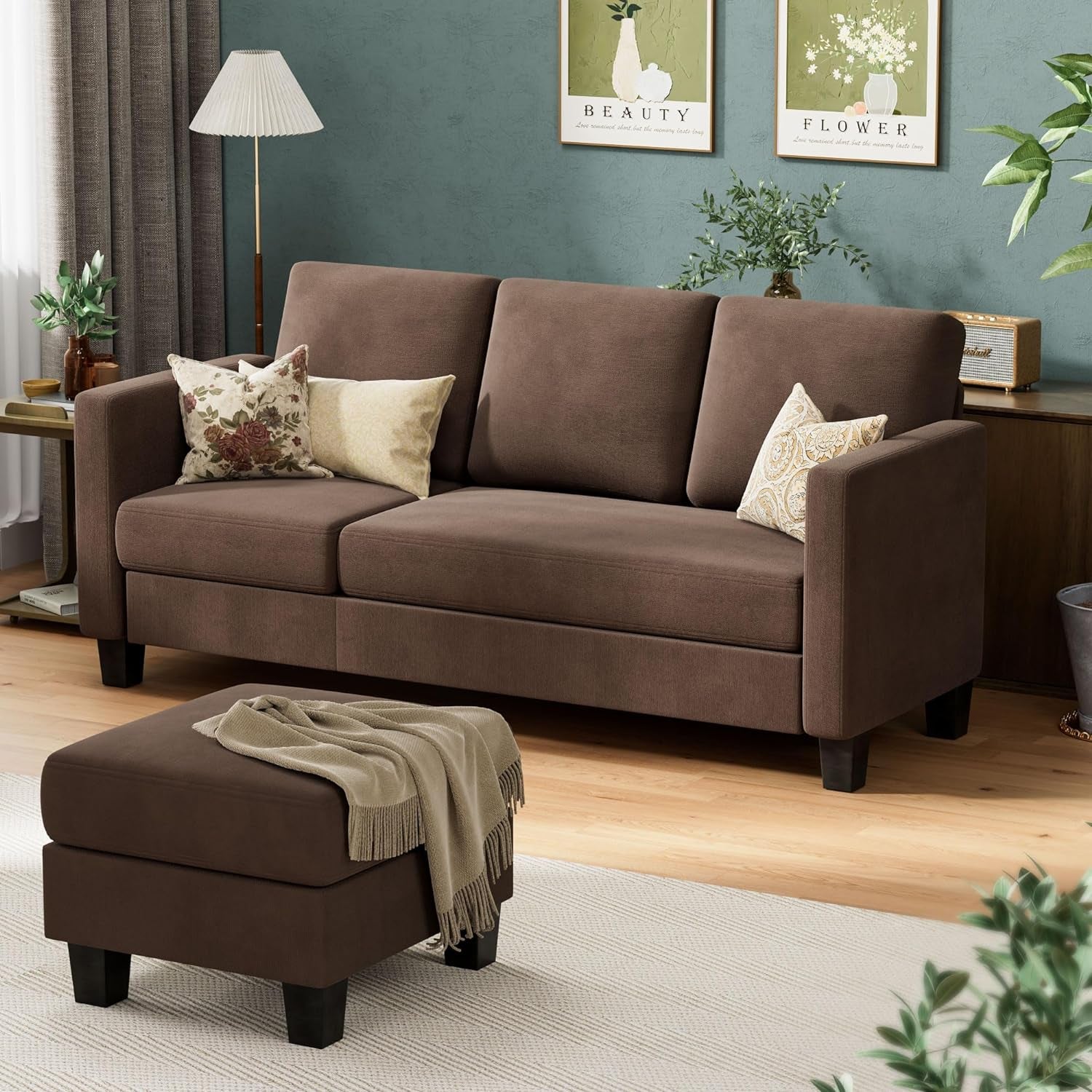 Convertible Sectional Sofa Couch, 3 Seat L-Shaped Sofa with Linen Fabric, Movable Ottoman Small Couch for Small Apartments, Living Room and Office (Brown)