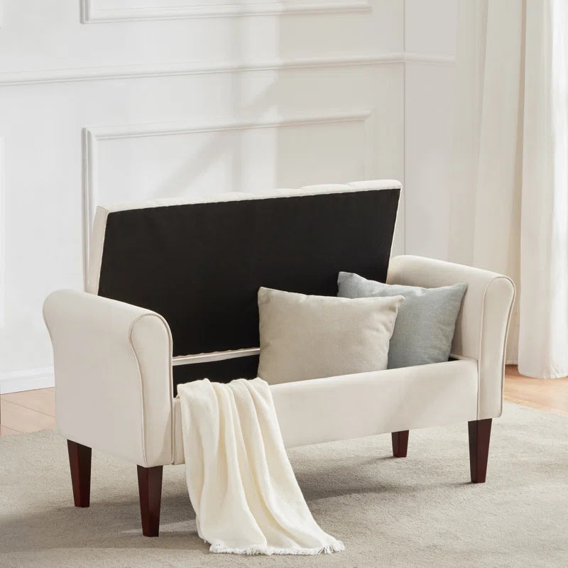 Polyester Upholstered Storage Bench with Tufted Flip Top and Wooden Legs