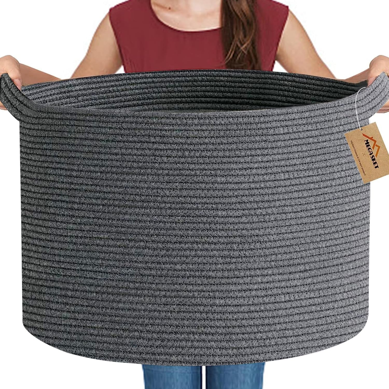 Large Dark Grey Storage Basket, Woven Cotton Rope Baskets for Storage, Big Blanket Organizer Storage Basket for Living Room, Kids Room Toy Storage Organizer Box, Blanket Keeper (22"X14")