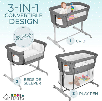 3 in 1 Baby Bassinet, Bedside Sleeper, & Playpen, Easy Folding Portable Crib (Grey)- Koolababy (Bassinet) - Design By Technique